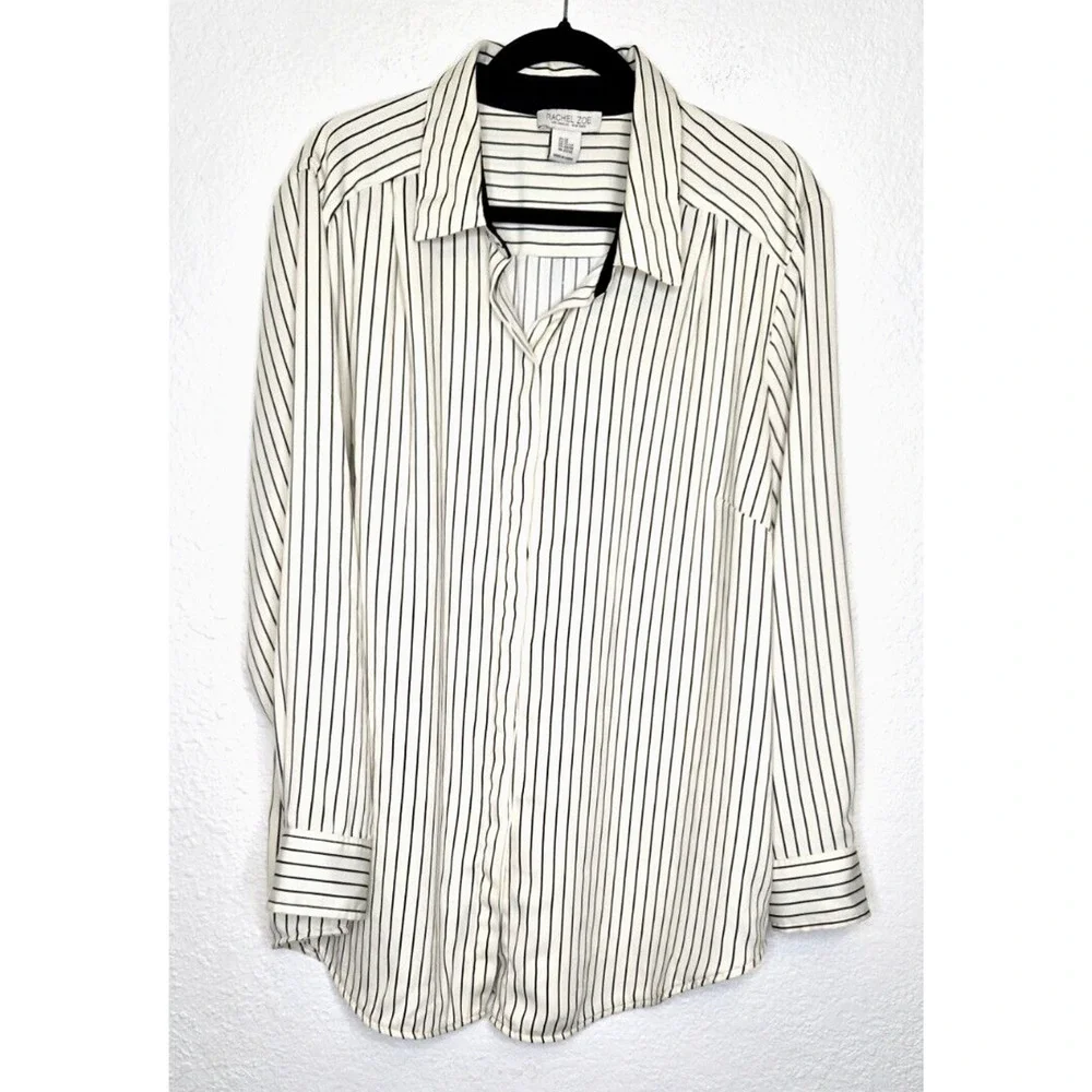 Rachel Zoe Womens Button Up Shirt Plus 2X White Black Striped Long Sleeve Blouse